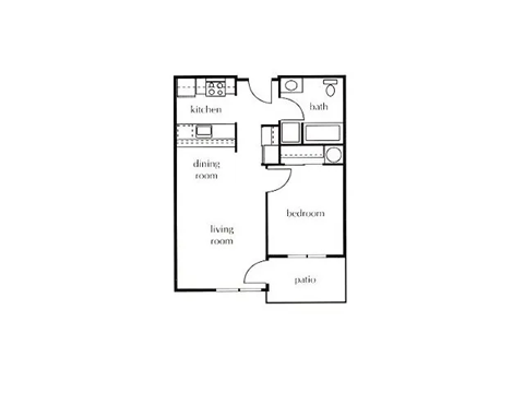 A floor plan of a house with a kitchen, dining room, living room, bathroom, and bedroom.